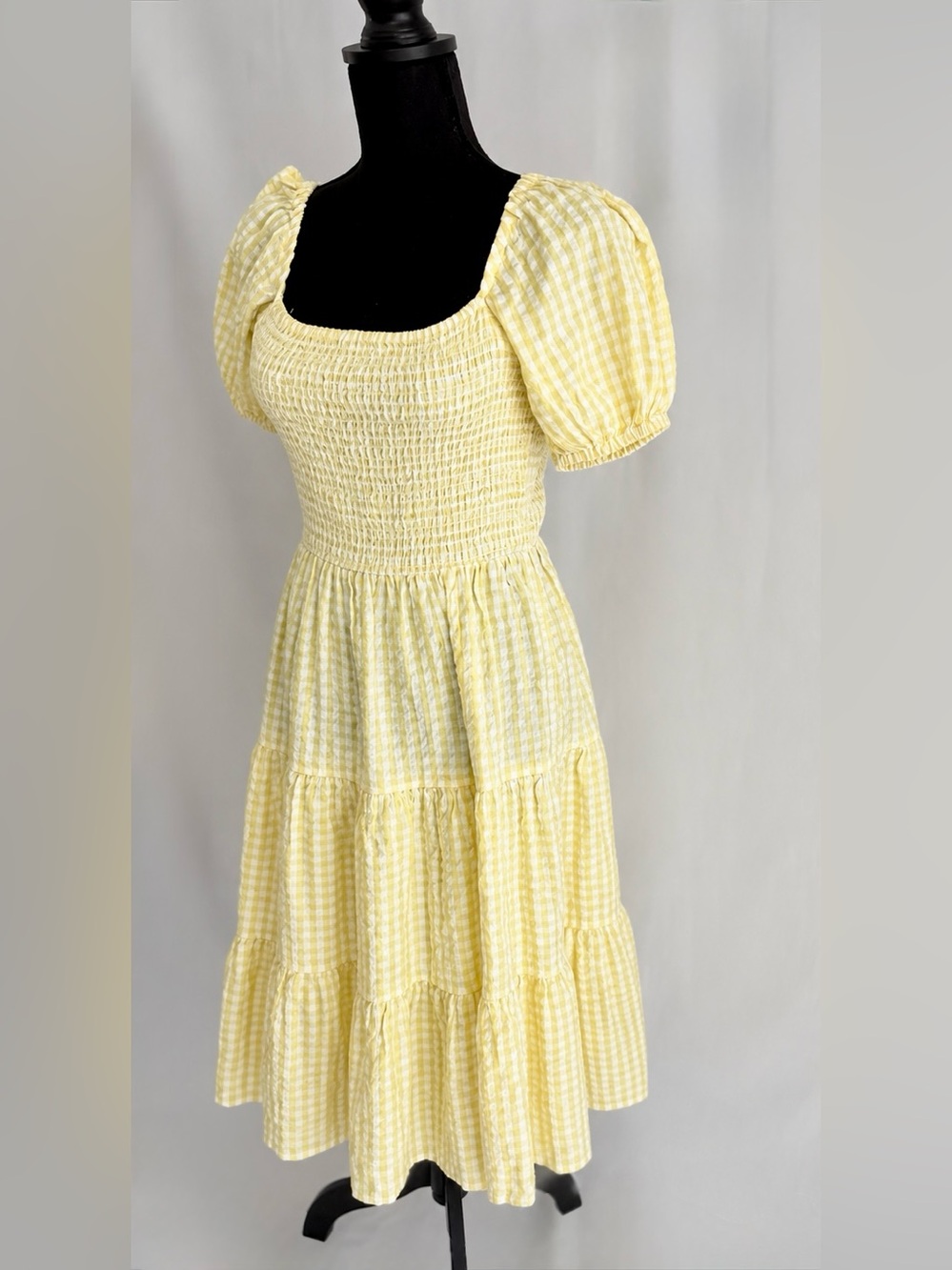 NWT Yellow Gingham Smocked Midi Dress Puff Sleeve Cottagecore Resort Vacation M - Picture 13 of 17